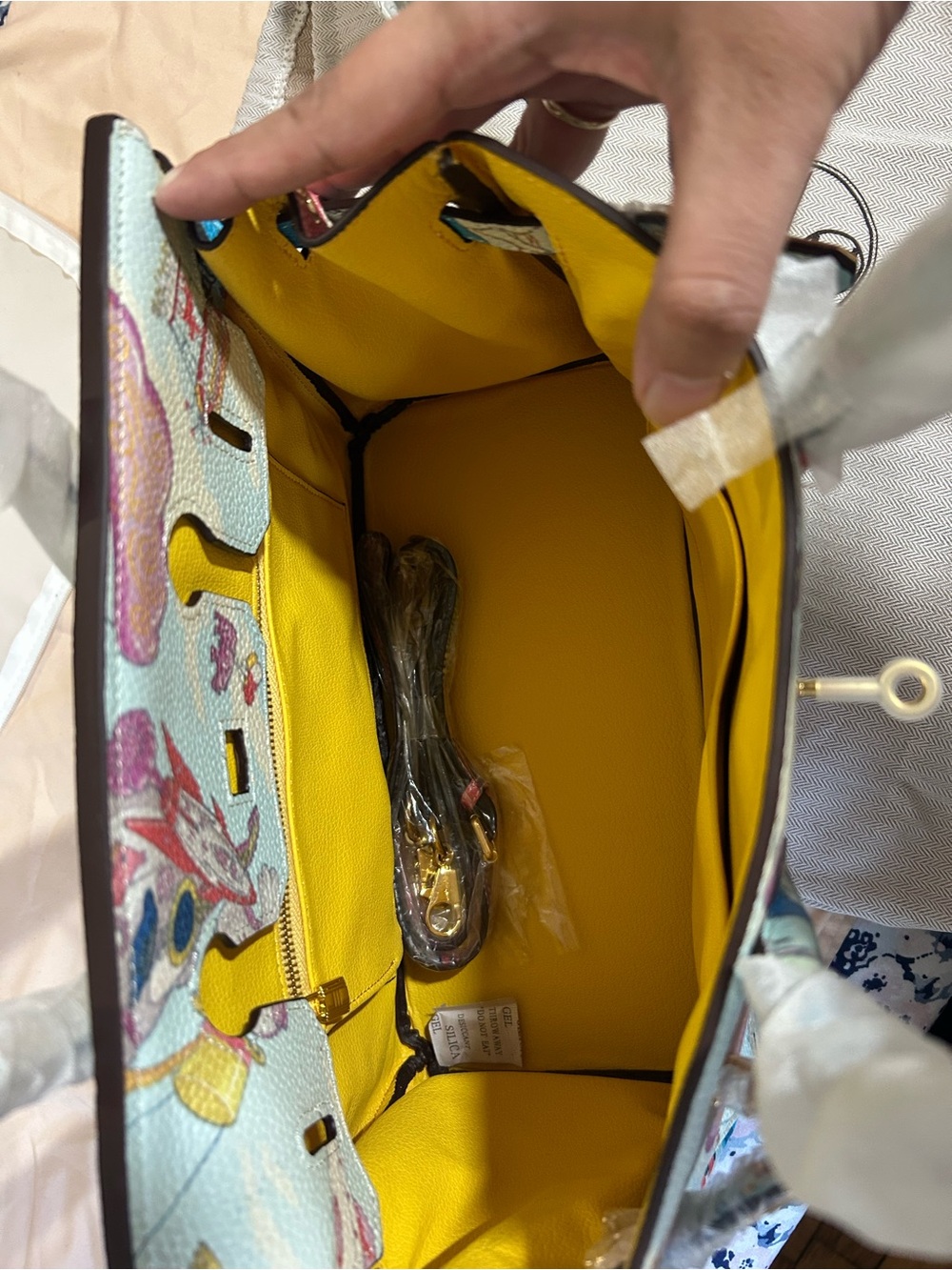Pastel Illustrated Top-Handle Satchel in Blue, Pink, Yellow - Picture 5 of 9
